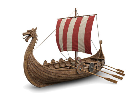 Ancient Viking drakkar longship with dragon head carved bow striped sail and oars isolated on white background 3D rendering