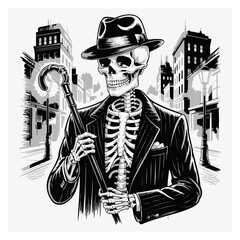 Obraz premium Skeleton man in hat holding a pocket watch in a dark urban alleyway