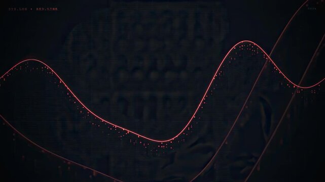 Abstract digital data visualization with glowing red wave lines and floating particles on dark background