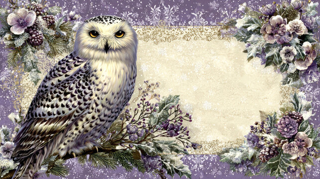 This vintage decorative frame features a snowy owl on the left, surrounded by purple and pink floral clusters, with a large blank cream central area, set against a soft lavender textured background.

