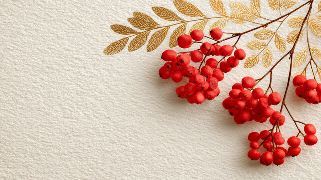On the light beige textured paper, bright red berry clusters and gold-stamped branches and leaves are arranged in a staggered pattern, creating an elegant and retro style full of natural atmosphere.

