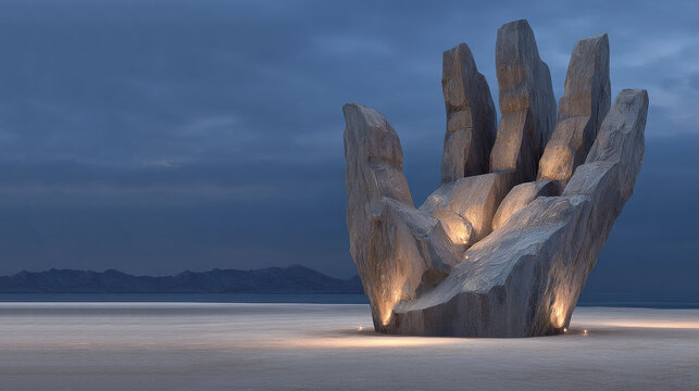 A giant stone sculpture shaped like a hand stands in the open desert, with warm light shining upwards from its base onto the palm, against a backdrop of distant mountains and a dark blue sky at dusk