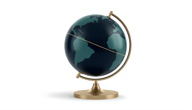 A realistic globe showing continents of earth on golden stand on white background.