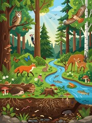 Naklejka premium Vibrant Forest Ecosystem Illustration with Diverse Wildlife, River, and Underground Soil Life Cross-Section