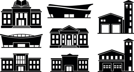 Obraz premium Collection of building silhouettes showcases various architectural styles on a white background architecture