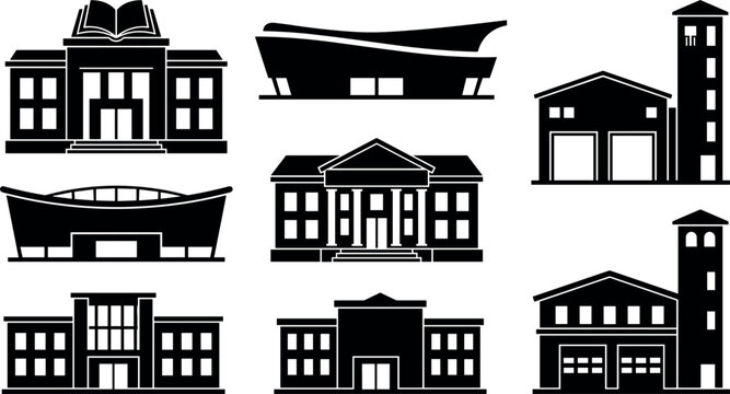 Collection of building silhouettes showcases various architectural styles on a white background architecture