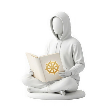 3d render of a faceless person in a hoodie sitting crosslegged and reading a book with a golden dharma wheel symbol isolated on transparent background
