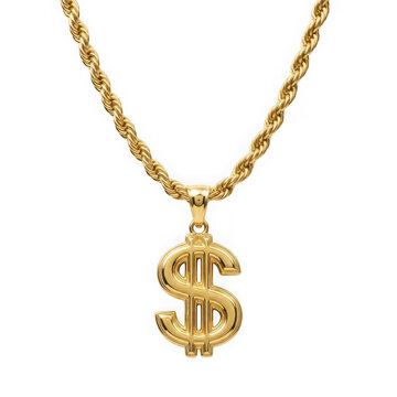A shiny gold dollar sign pendant on a thick rope chain isolated on transparent background