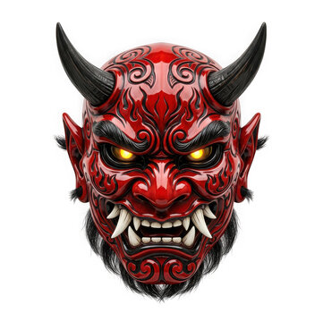 Traditional japanese hannya mask with glowing eyes and intricate red patterns, isolated on transparent background