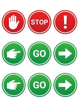 Set of Red Stop and Green Go Traffic Control Icons with Hand Gestures, Arrows, and Warning Symbols for Navigation