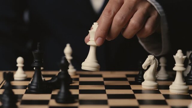 business hand holding a white chess king taking black knight, strategy concept