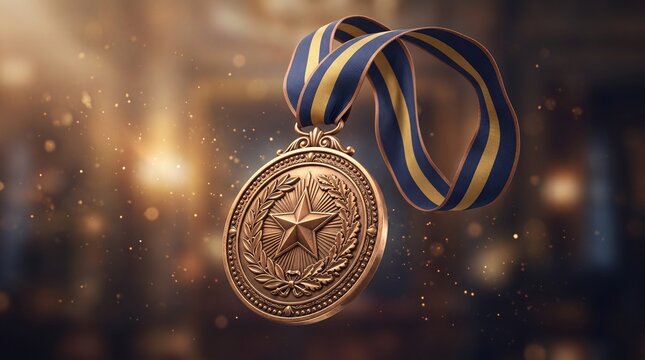 Golden Medal of Honor: A meticulously crafted golden medal, adorned with a star emblem and a blue and yellow striped ribbon, floats in a softly lit, bokeh-filled background.