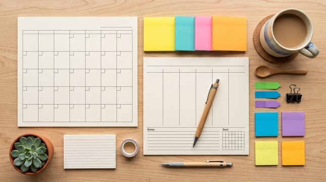 Desk Organization for Productivity: A neatly arranged desk showcasing a monthly and weekly planner, sticky notes, a coffee mug, and writing tools, designed to inspire efficiency and focus.