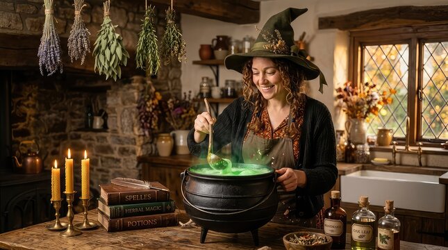 Witch brewing a green potion in a rustic kitchen