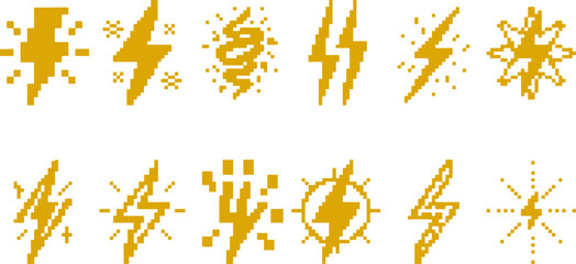 Obraz premium Set of golden lightning bolt icons in pixel art style for retro video game power up indicators and electrical magic spell visual effects isolated on a clean white background for developers