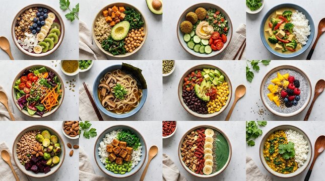 Collection Of Diverse Vegan Buddha Bowls With Fresh Vegetables Fruits Grains And Legumes Overhead View