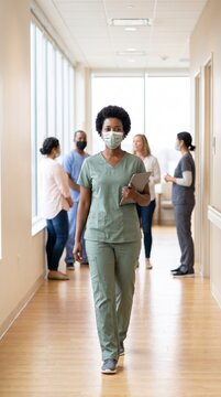 Focused nurse walking through hospital corridor wearing face mask with colleagues in background