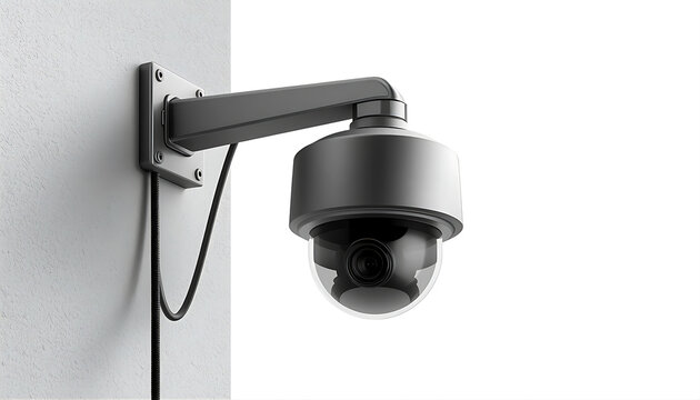 Modern security dome camera mounted on white wall for surveillance and safety.