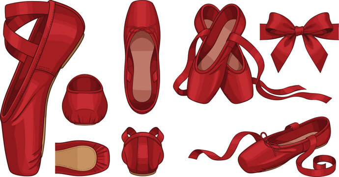 Red satin ballet pointe shoes and ribbon vector illustration set featuring top view and sole construction details