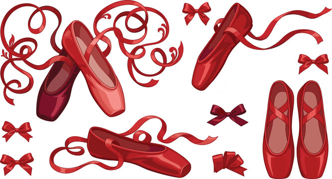 Elegant ruby red ballet pointe shoes vector illustration set featuring satin ribbons and decorative bows