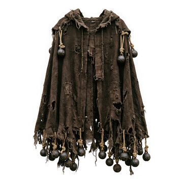 Old rustic brown hooded cloak with heavy metal balls isolated on transparent background