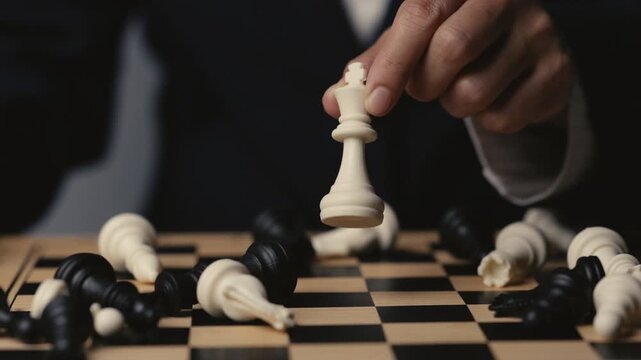 business hand holding a white chess king taking black king, checkmate concept