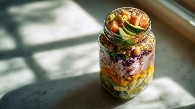 Colorful salad jar showcases layers of fresh vegetables and fruits. Natural sunlight highlights vibrant colors and textures. Perfect for healthy food promotion
