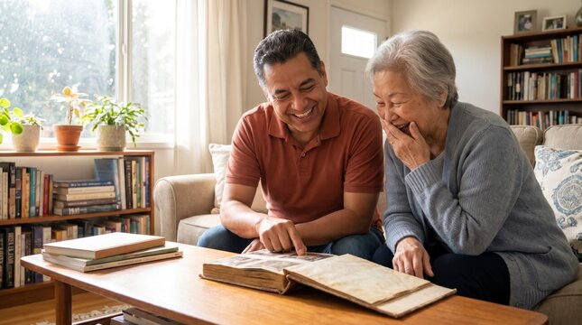 Son and elderly mother looking at photo album together on living room couch