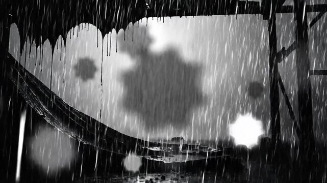 Rain falling on a destroyed structure in monochrome, creating a dramatic and melancholic scene with light flares