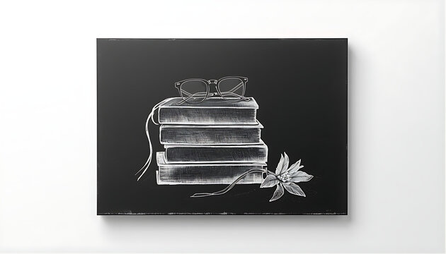 Stacked old vintage books with glasses and flower on dark black chalkboard surface.