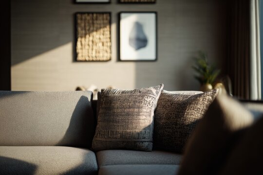 Cozy living room features soft cushions on contemporary sofa. Natural light filters through, creating warm ambiance. Stylish wall art complements modern decor