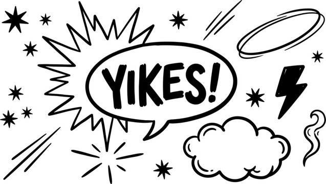 Comic book style speech bubble with Yikes text and hand drawn decorative elements including stars and lightning bolt isolated on white for expressive graphic design projects