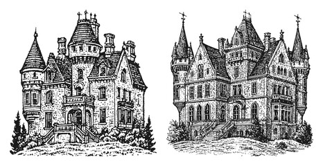 Obraz premium PNG Vintage castle illustrations with intricate details, transparent background