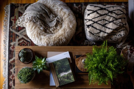 Cozy living room scene features soft bean bag chair, patterned ottoman, green plants, wooden table, and books. Warm colors create inviting atmosphere in home interior