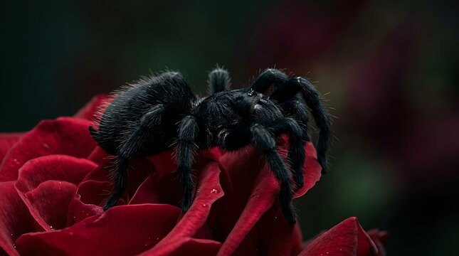 Black tarantula spider sitting on a red rose flower