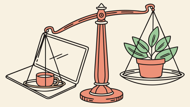 Balance scale weighing a small house against a potted plant, illustrating sustainable living, green housing, environmental responsibility and eco friendly choices