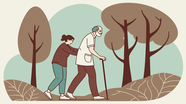 Young man helping an elderly man walk with a cane in a park, illustrating senior care, mobility assistance, support, compassion and active aging