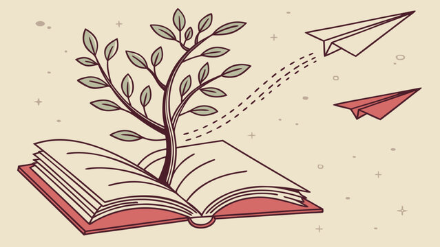 Open book with growing tree and flying paper airplanes, illustrating education, knowledge, learning, imagination, creativity and personal growth