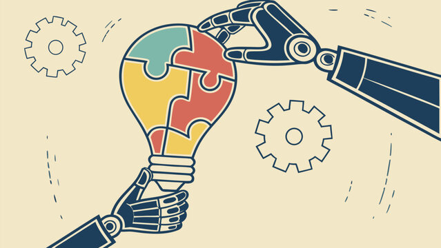 Human and robotic hands connecting puzzle pieces in a light bulb, illustrating artificial intelligence, human ai collaboration, innovation and technology