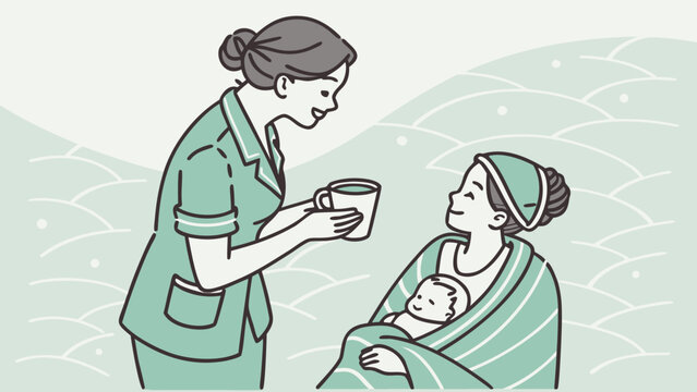 Nurse caring for a mother holding her newborn baby in a hospital bed, illustrating maternal healthcare, postpartum support, medical care, motherhood and bonding