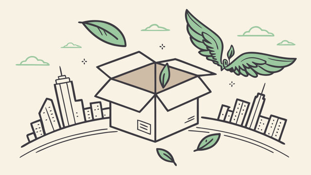 Open cardboard box with flying green leaves against a city skyline, illustrating sustainable packaging, eco friendly delivery, recycling and green logistics