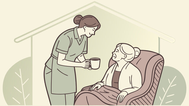 Caregiver serving a warm drink to an elderly woman at home, illustrating senior care, assistance, compassion, healthcare, support and aging