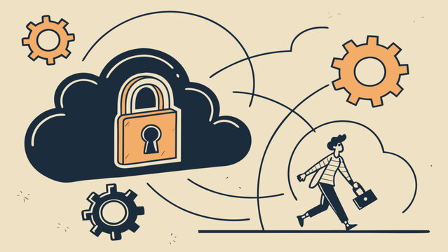Cloud security concept with padlock, gears and connected network protecting digital data while a businesswoman walks with a briefcase