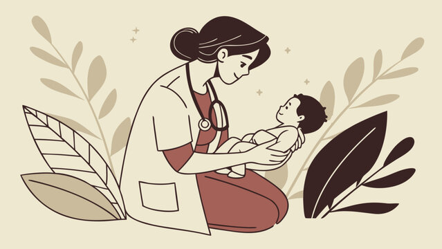 Female pediatrician examining a baby in her arms, illustrating pediatric healthcare, medical care, child wellness, motherhood and compassionate support