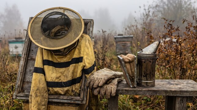 Vintage beekeeping equipment in misty field, rustic beekeeper suit with protective hat and smoker, traditional apiary tools