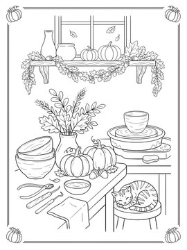 Autumn harvest scene with pumpkins, pottery, leaves, and a sleeping cat on a stool for coloring book page for adults and kids.