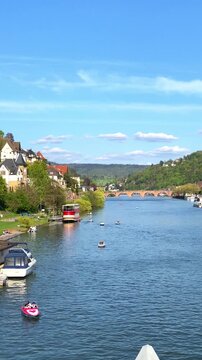Boats on the river in a sunny day with clear sky and trees in the background