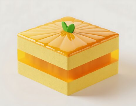Square orange cake slice with fresh mint leaf garnish