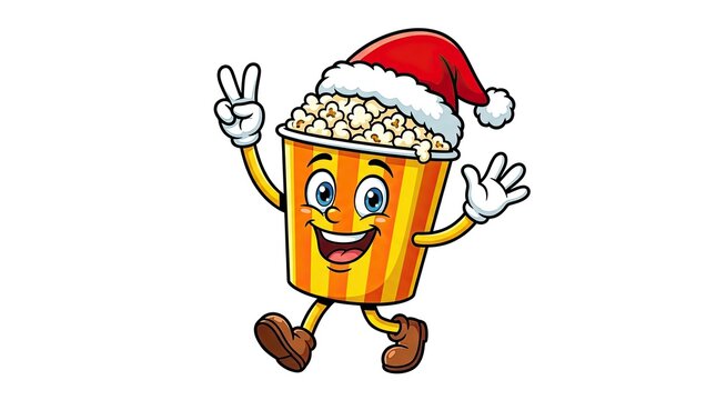 A happy christmas day illustration featuring a cute animated popcorn bucket character wearing a festive red santa hat isolated on a plain