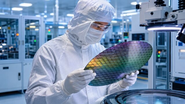 Cleanroom semiconductor specialist examining colorful silicon wafer during advanced microchip fabrication process using precision equipment in modern high tech research facility laboratory environment